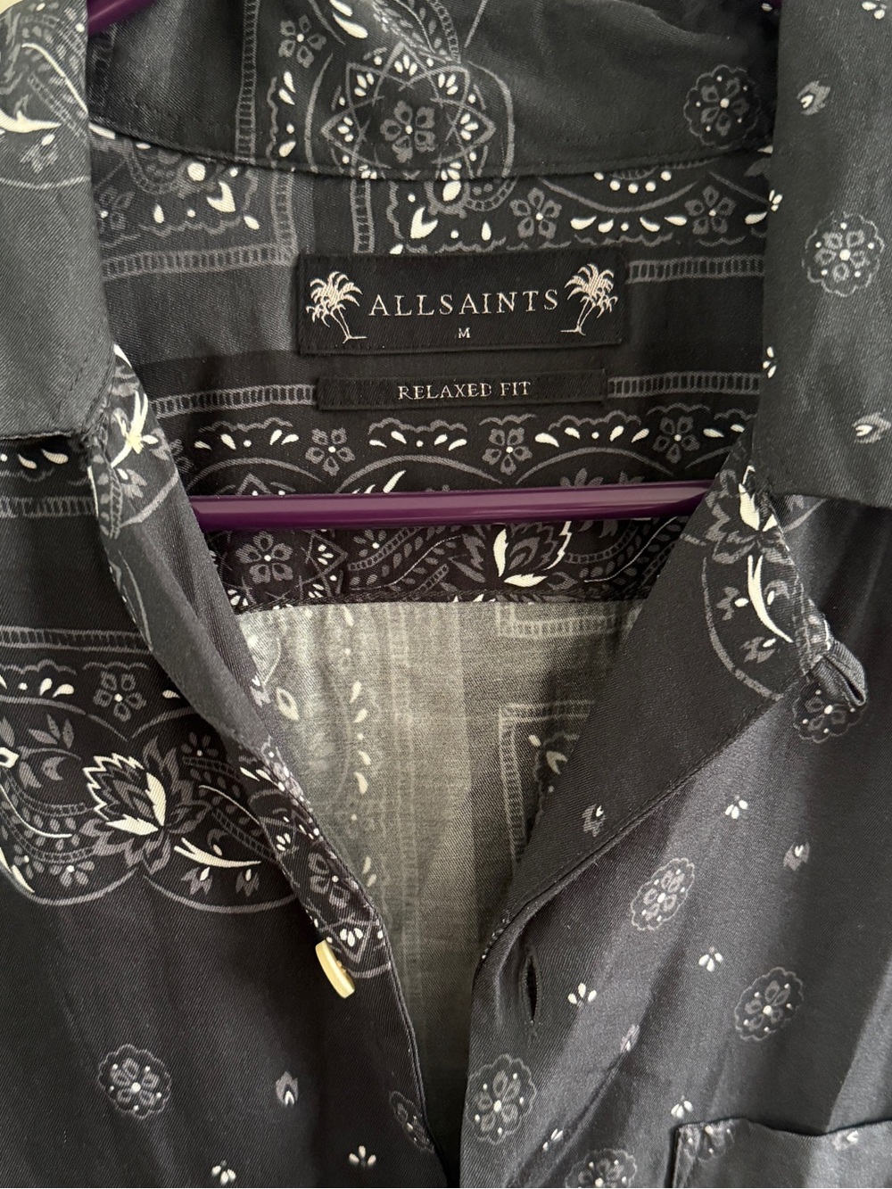 All Saints Navy Bandana-Print Short Sleeve Button-Front Shirt - Picture 7 of 9
